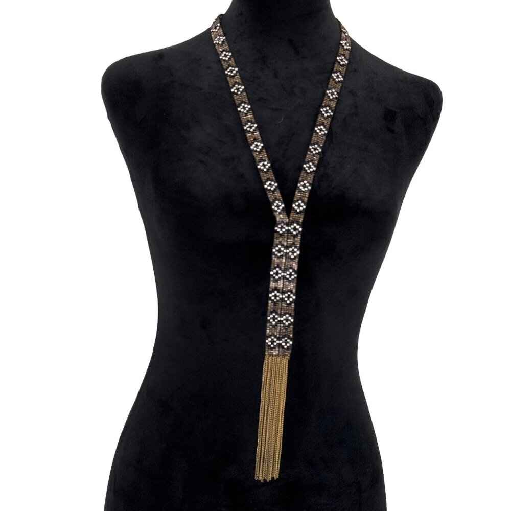 Southwestern Style Necklace Womens Beaded Tassel Black Bronze Patterned‎ Fringe